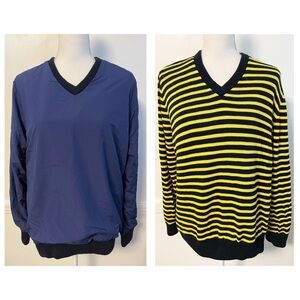 Navy Blue Yellow Striped Reversible Windbreaker/Sweater with White Zipper Side
